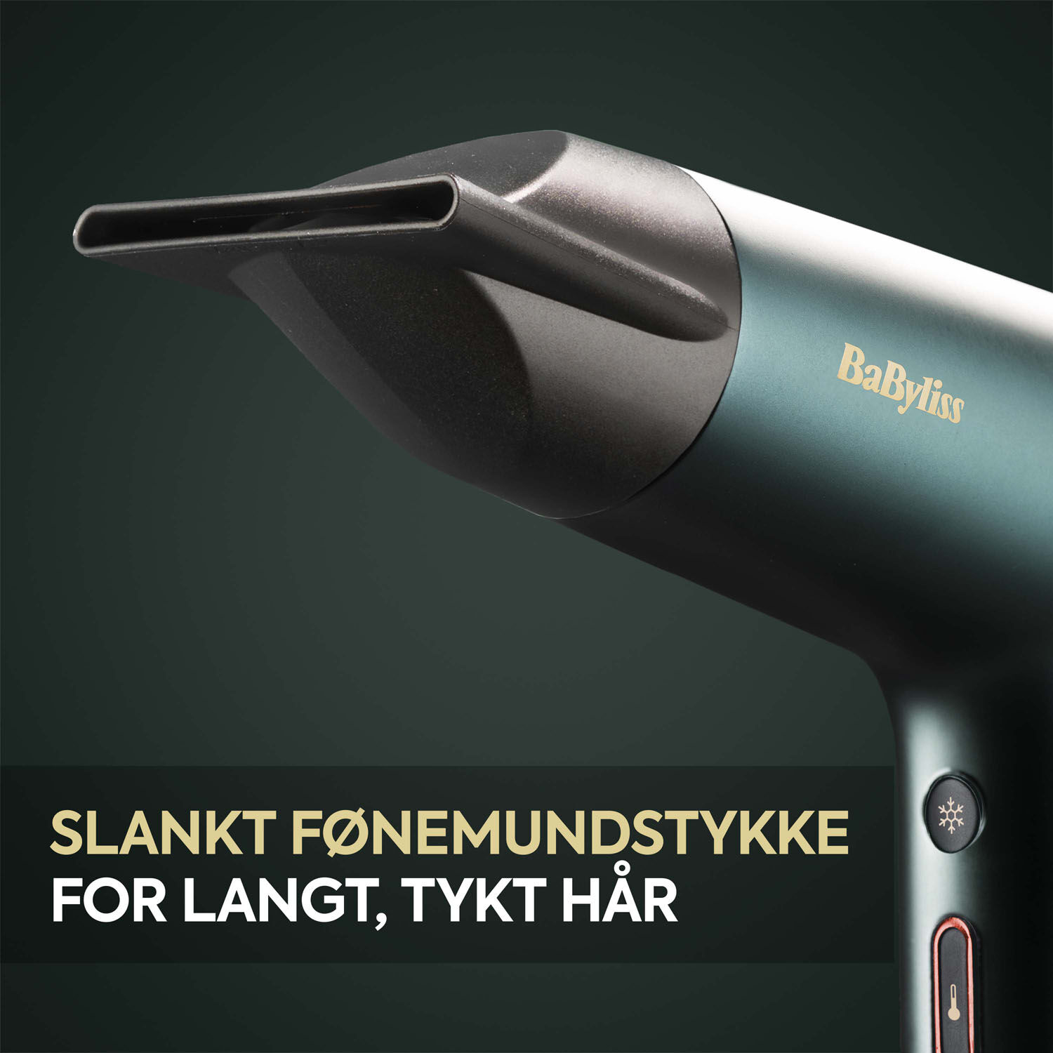Slankt f&oslash;nemundstykke. For langt, tykt h&aring;r